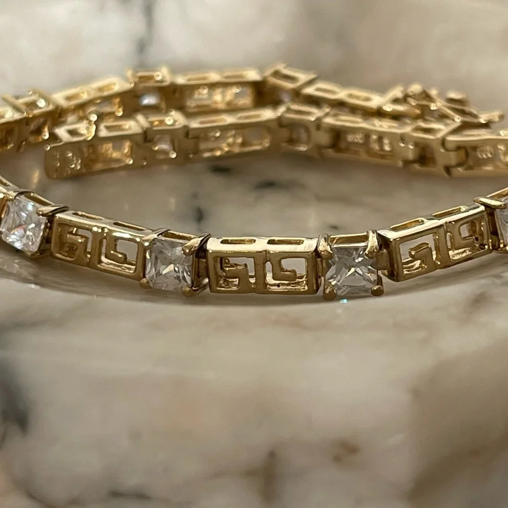 VTG Ross Simons sterling silver 925 CZ Greek key gold vermeil tennis bracelet - Picture 5 of 15